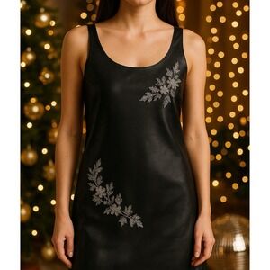 ZARA Faux Leather Embellished Slip Dress M NWT Black Rhinestone Floral Party